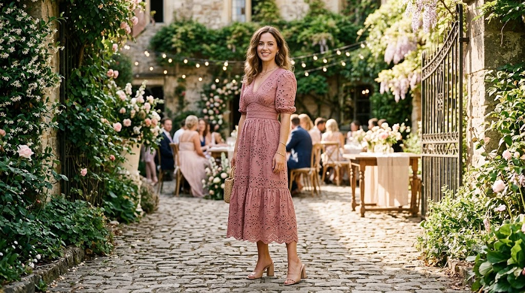 Dusty Rose Broderie Anglaise Eyelet Midi Dress & Nude Mules